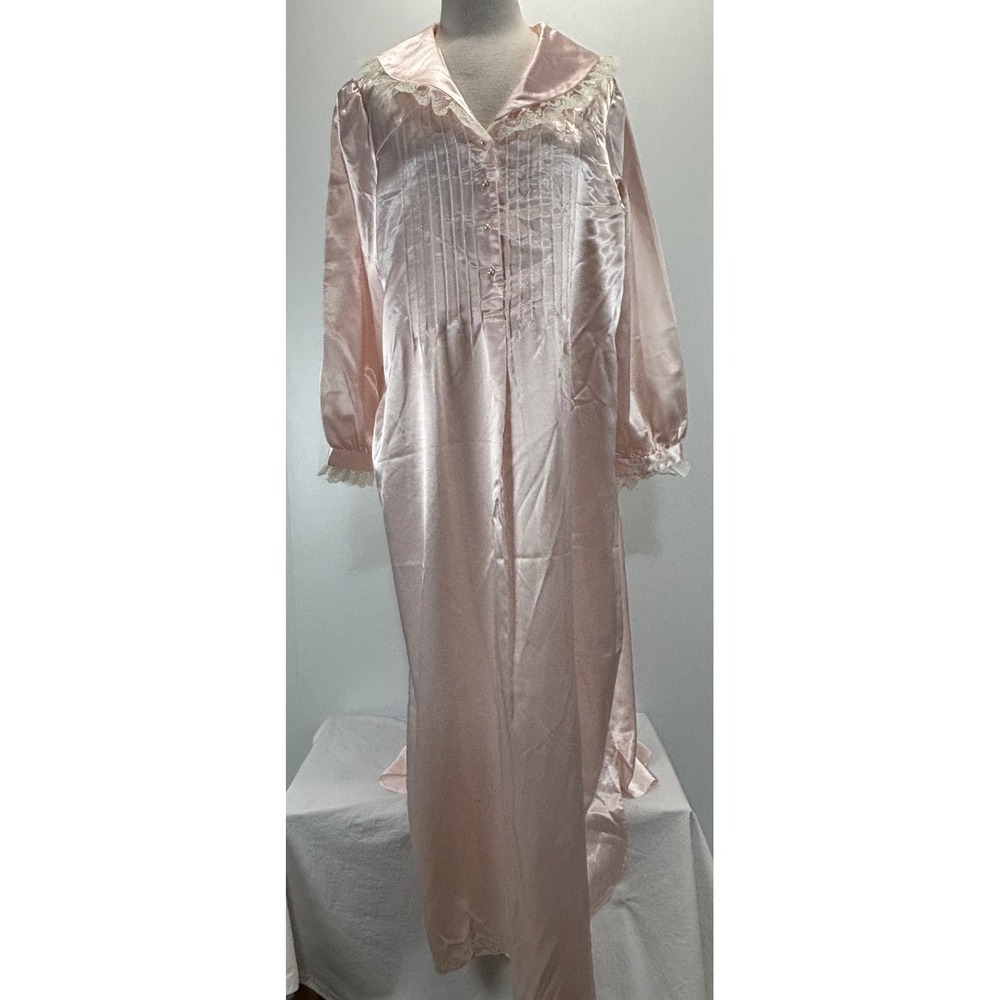 Vtg St Michael Satin Nightgown Women's Large Pink Lace Trim Victorian